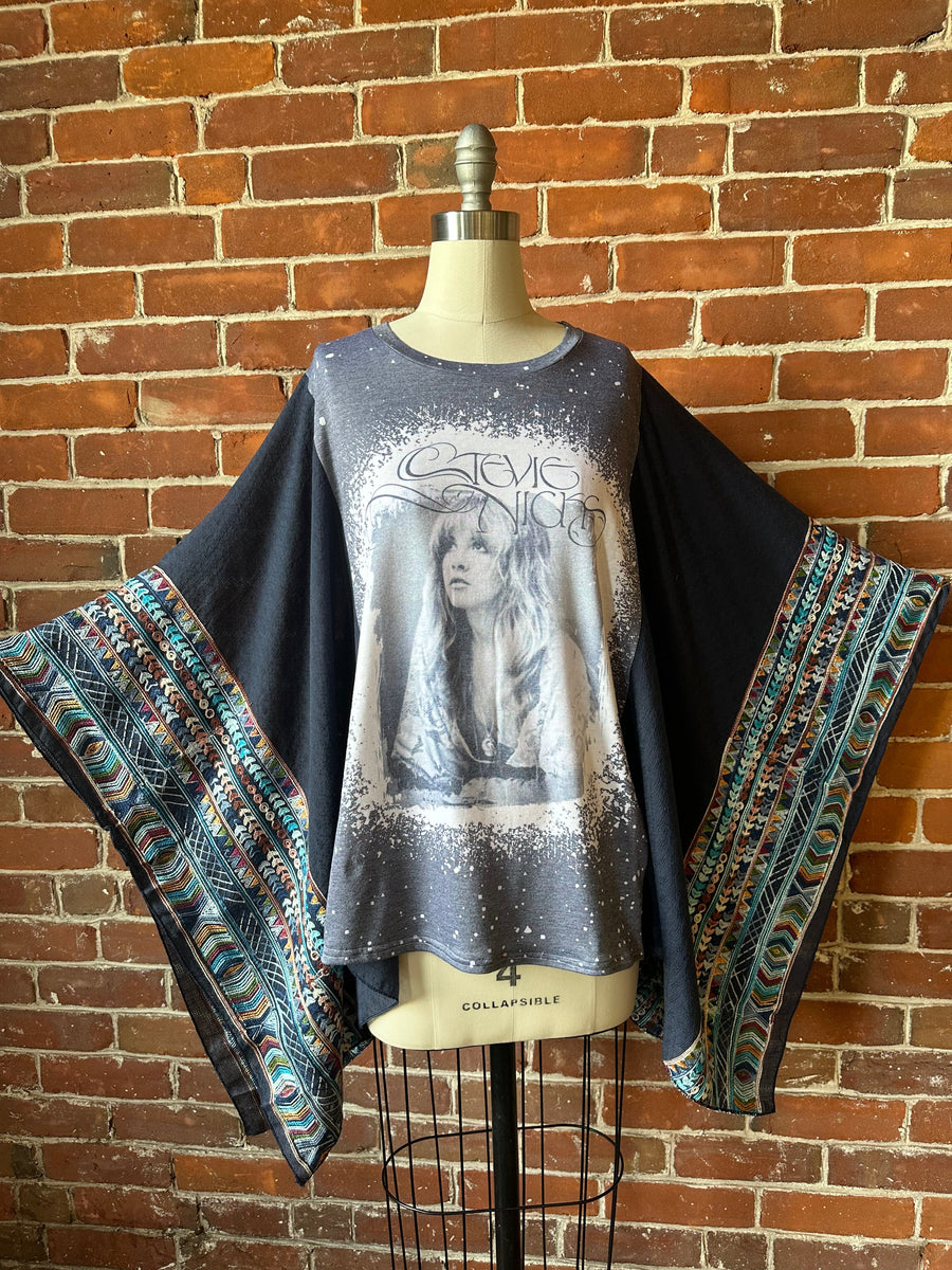 One Size Fits Most Stevie Nicks Navy Blue Embroidered Detail Poncho Top Item: 1176