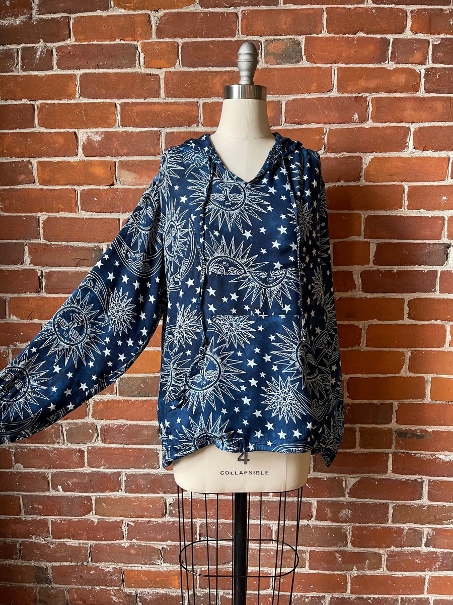 Free Size Indigo Blue Sun, Moon + Stars Batik Flowy Pullover Hoodie