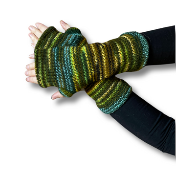 Greens/Bluee Fleece Lined Wool Handwarmers / Fingerless Gloves Item: 1232