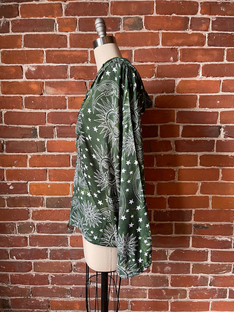 Free Size Earthy Green Sun, Moon + Stars Batik Flowy Pullover Hoodie