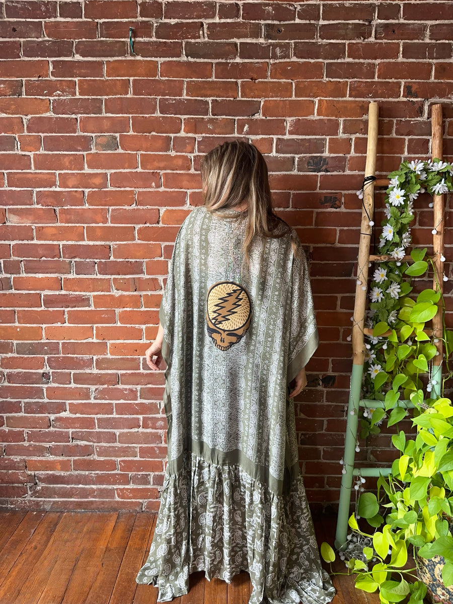 One Size Fits Most Long Flowy Sage Paisley Grateful Dead Tiered Robe Kimono