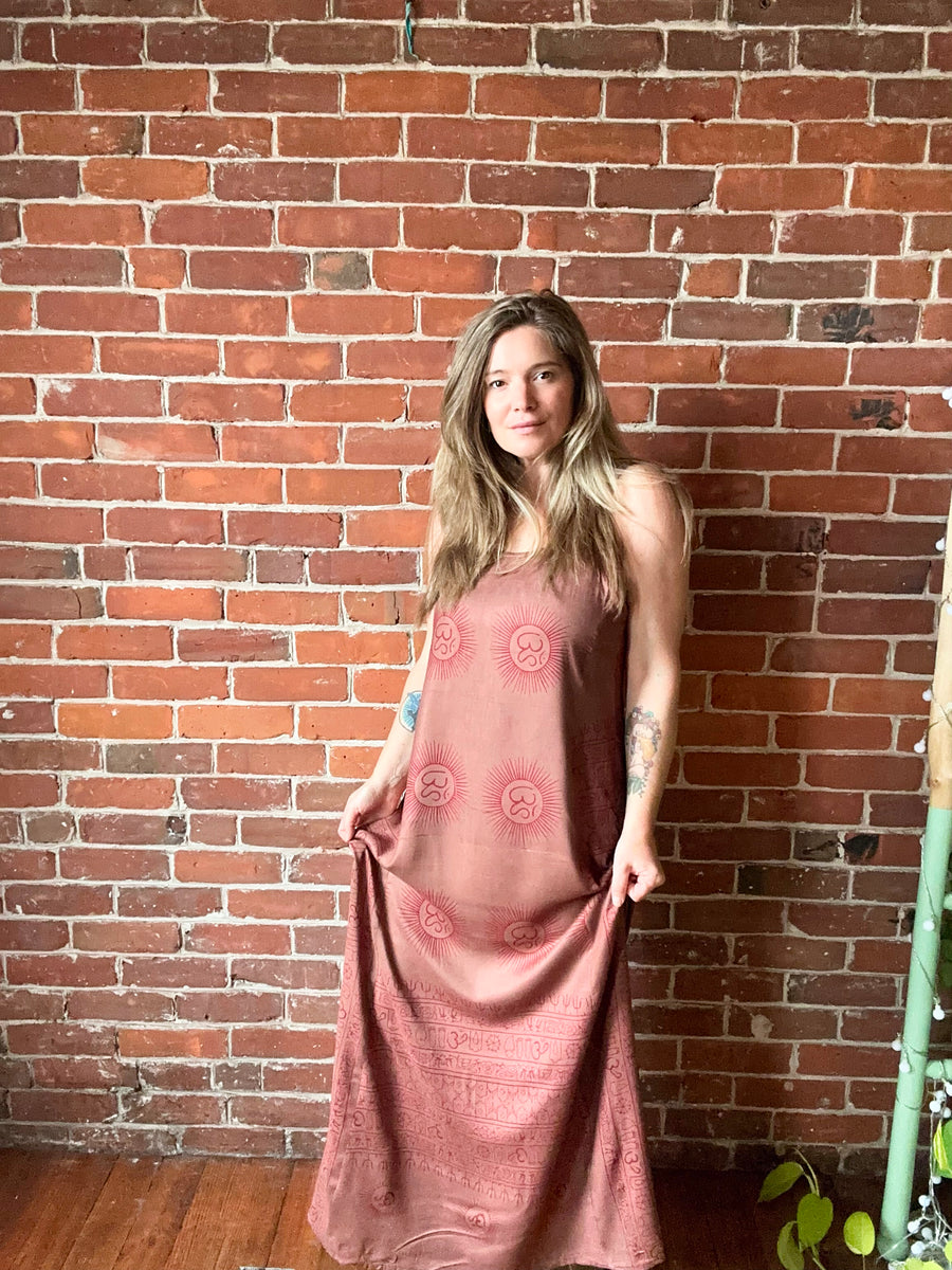 Free Size. Om Printed Flowy Lightweight Cotton Maxi Dress- Faded Clay -  Item: 1113