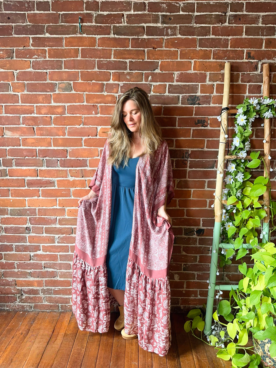 One Size Fits Most Long Flowy Wine Paisley Grateful Dead Tiered Robe Kimono