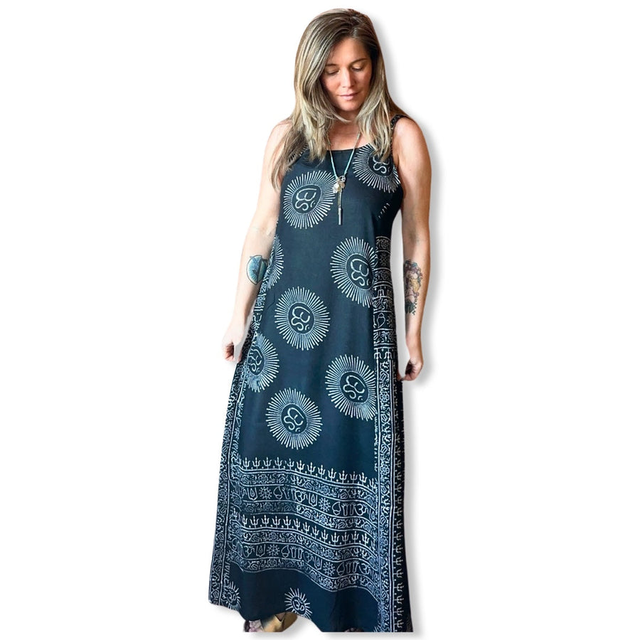 Free Size. Om Printed Flowy Lightweight Cotton Maxi Dress- Charcoal -  Item: 1076