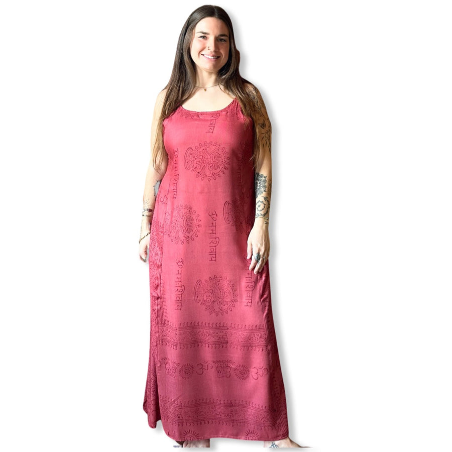 Free Size. Om Printed Flowy Lightweight Cotton Maxi Dress- Red Clay -  Item: 1296