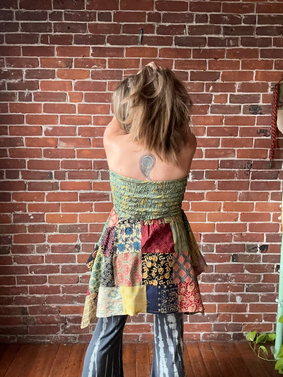 Size Large/XL Recycled Cotton Sari Patchwork OOAK Ruched Fairy Hem Tunic