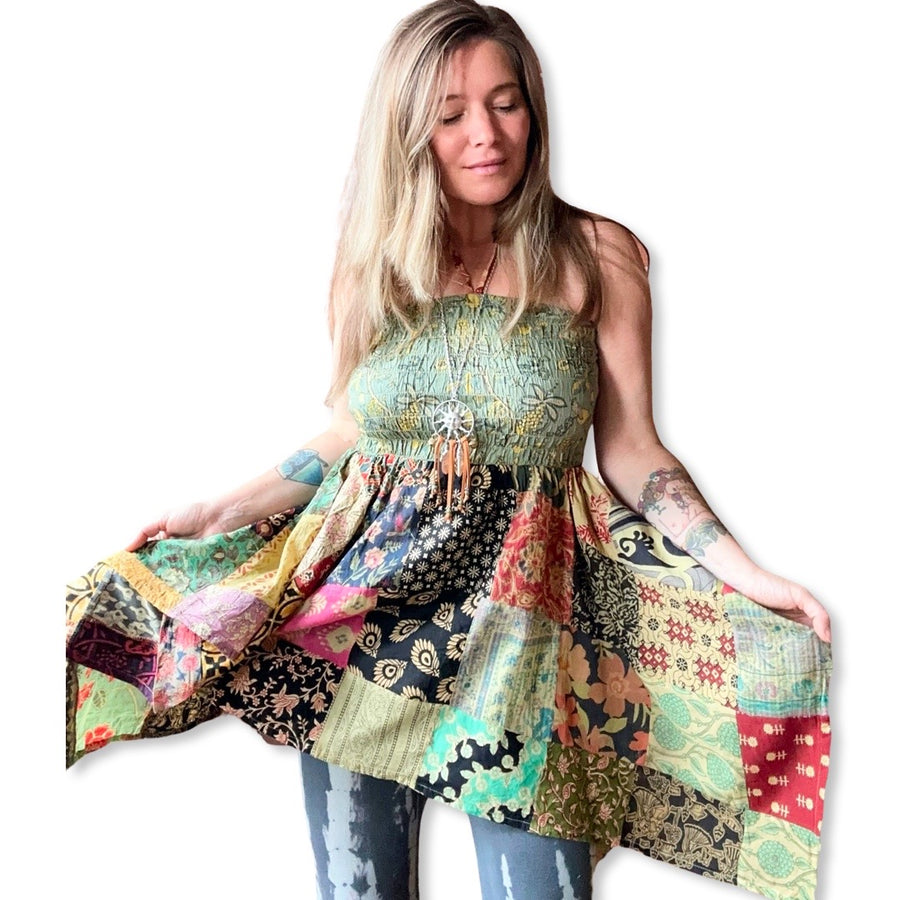 Size Large/XL Recycled Cotton Sari Patchwork OOAK Ruched Fairy Hem Tunic
