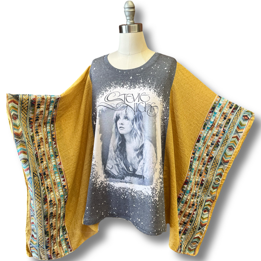 One Size Fits Most Stevie Nicks Golden Yellow Embroidered Detail Poncho Top Item: 1176