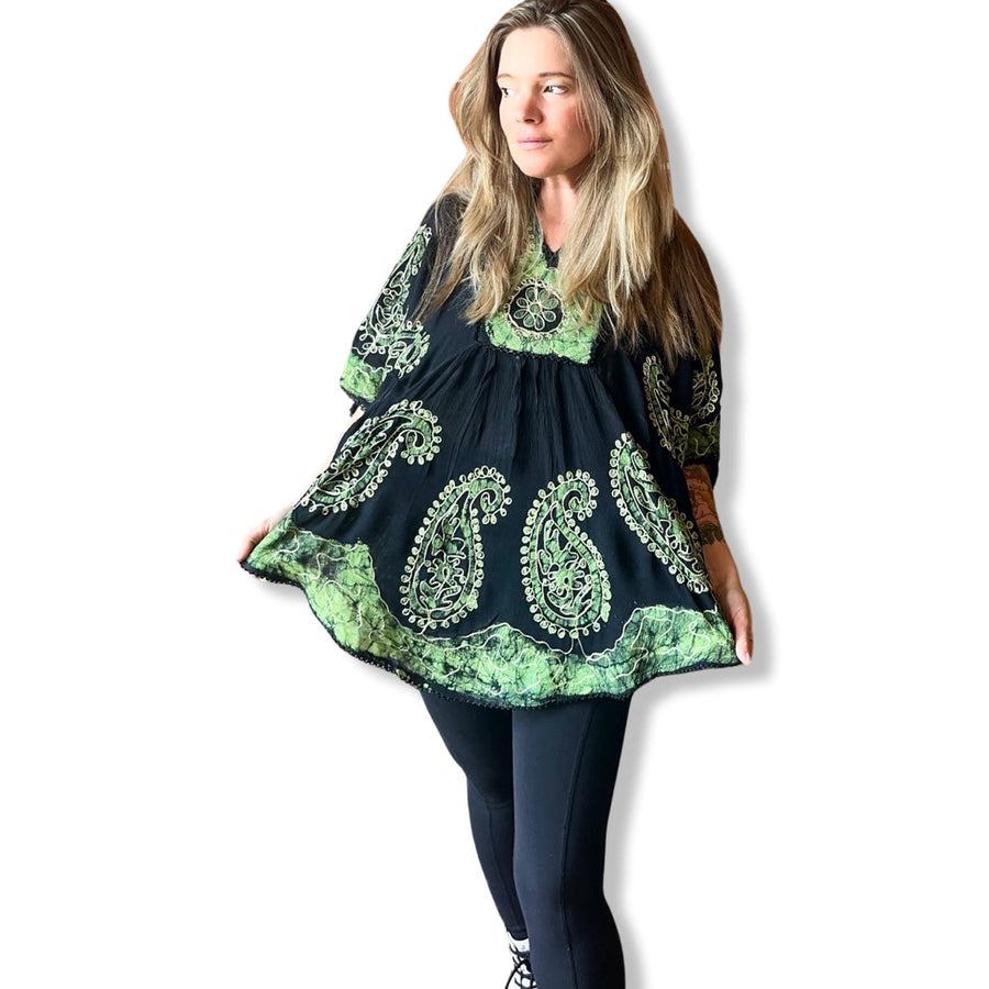 Free Size up to 2X Hannah Poncho Capelet Top - Embroidered Batik - Green/Black item: 1126
