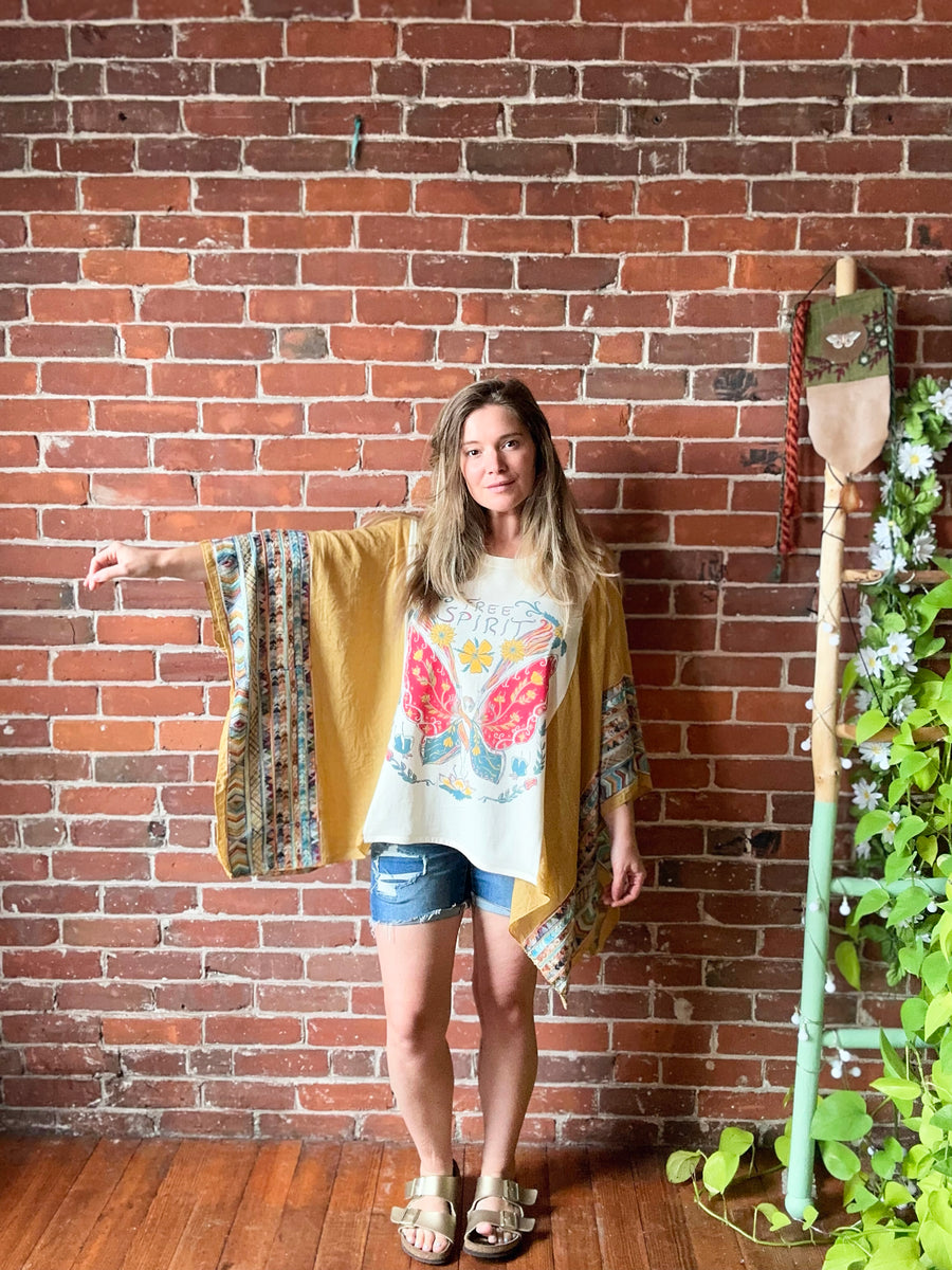 One Size Fits Most Upcycled Free Spirit Butterfly Embroidered Boho Poncho Top Item: 1249