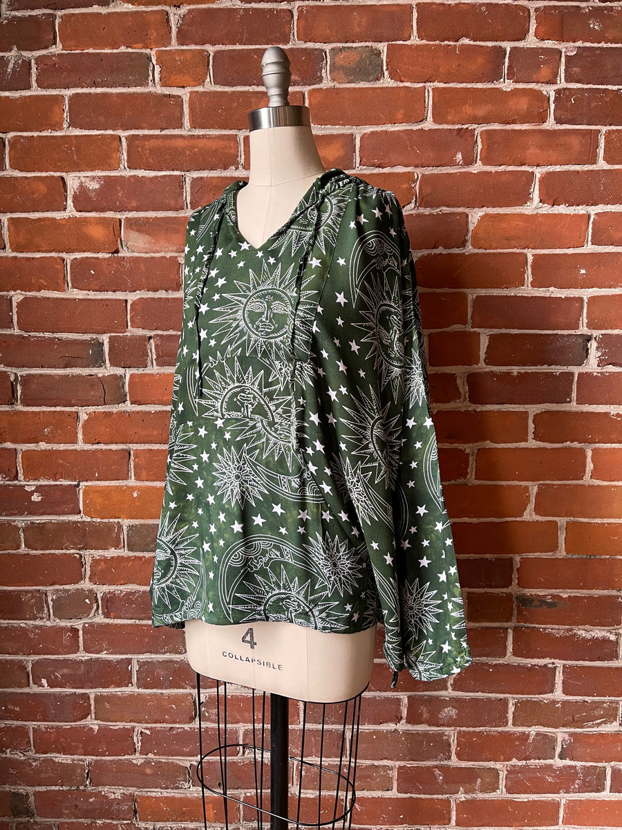 Free Size Earthy Green Sun, Moon + Stars Batik Flowy Pullover Hoodie