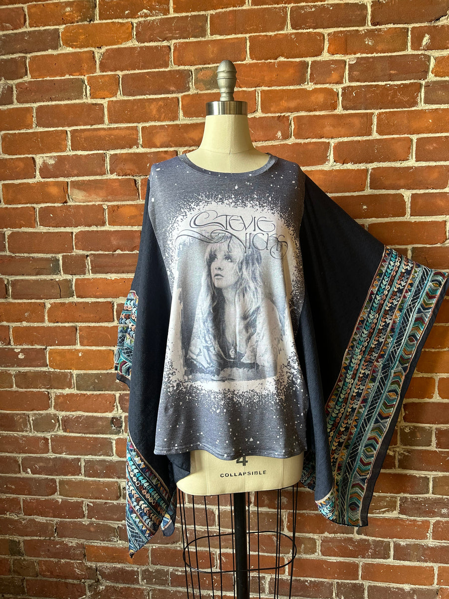 One Size Fits Most Stevie Nicks Navy Blue Embroidered Detail Poncho Top Item: 1176