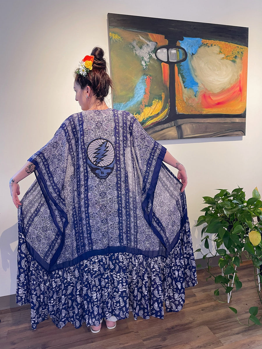 One Size Fits Most Long Flowy Blue Paisley Grateful Dead Tiered Robe Kimono