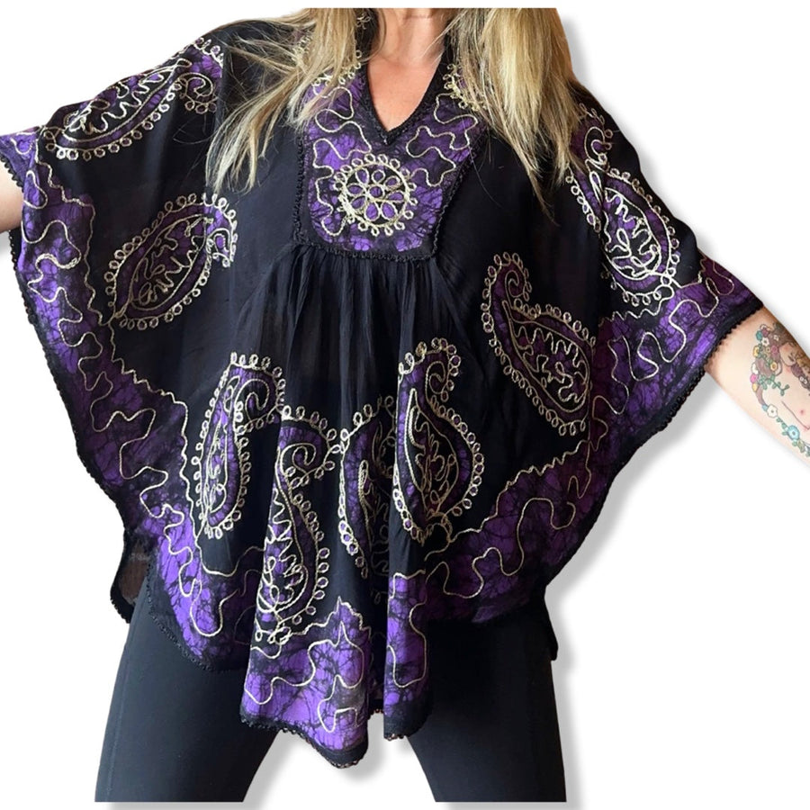 Free Size up to 2X Hannah Poncho Capelet Top - Embroidered Batik - Purple/Black Item: 1093