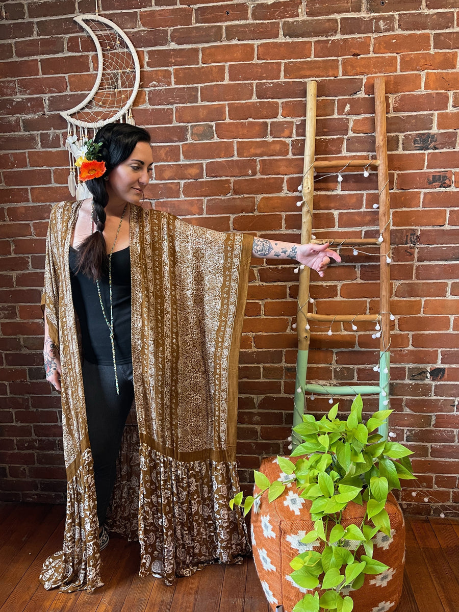 One Size Fits Most Long Flowy Brown Paisley Grateful Dead Tiered Robe Kimono