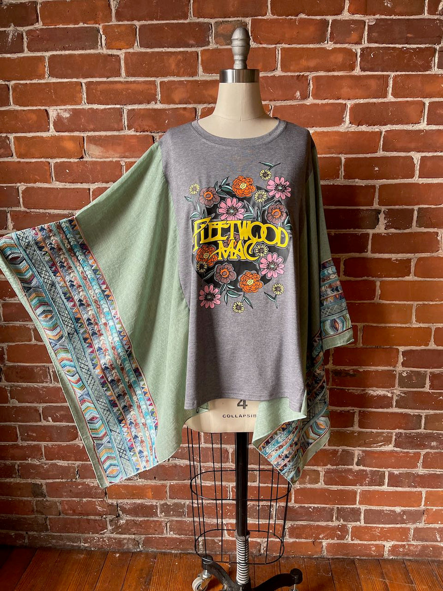 One Size Fits Most Fleetwood Mac Sage Embroidered Detail Poncho Top