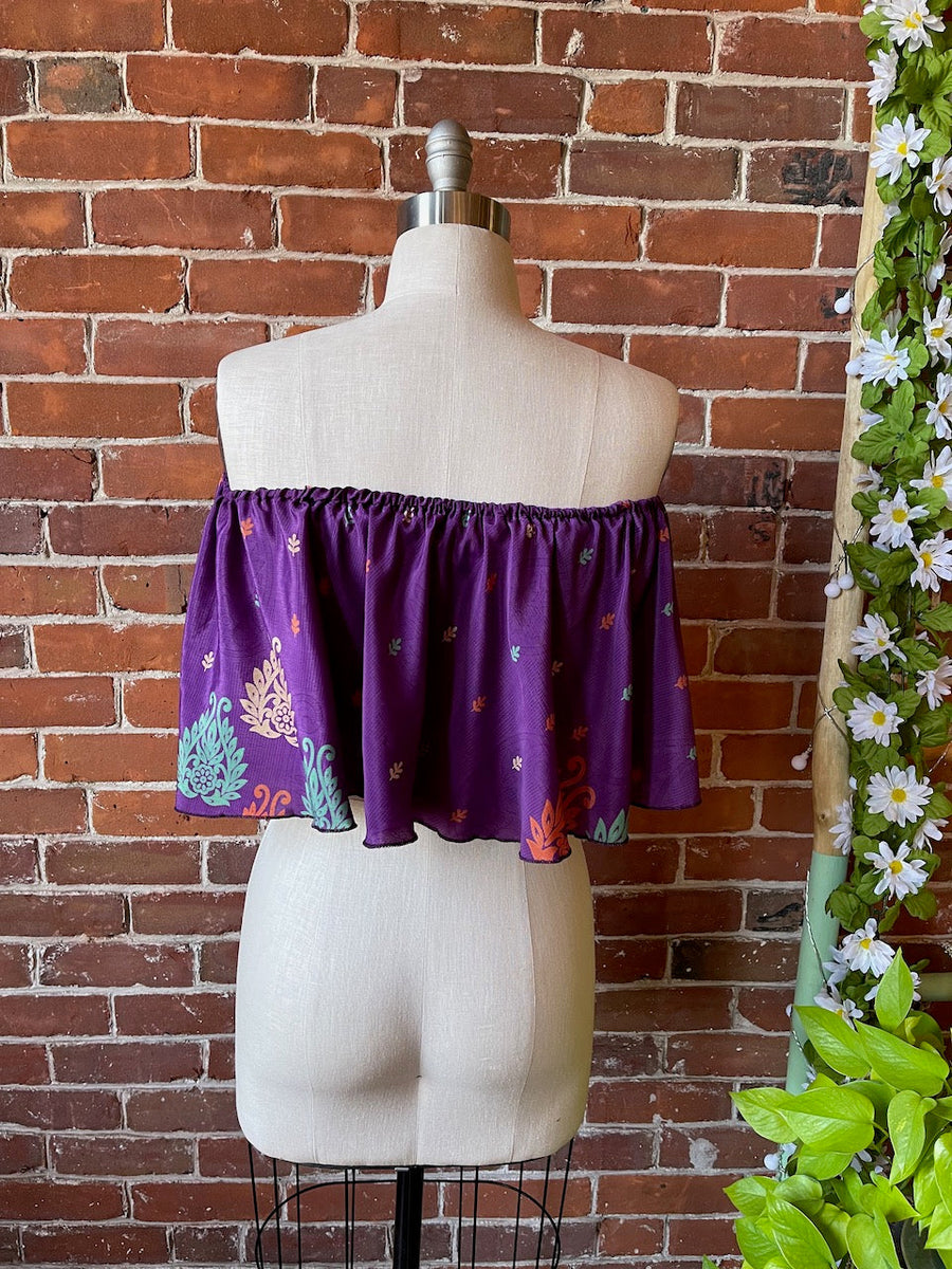 One Size fits up to Large. Upcycled Recycled Sari Crop Top Item: 1037