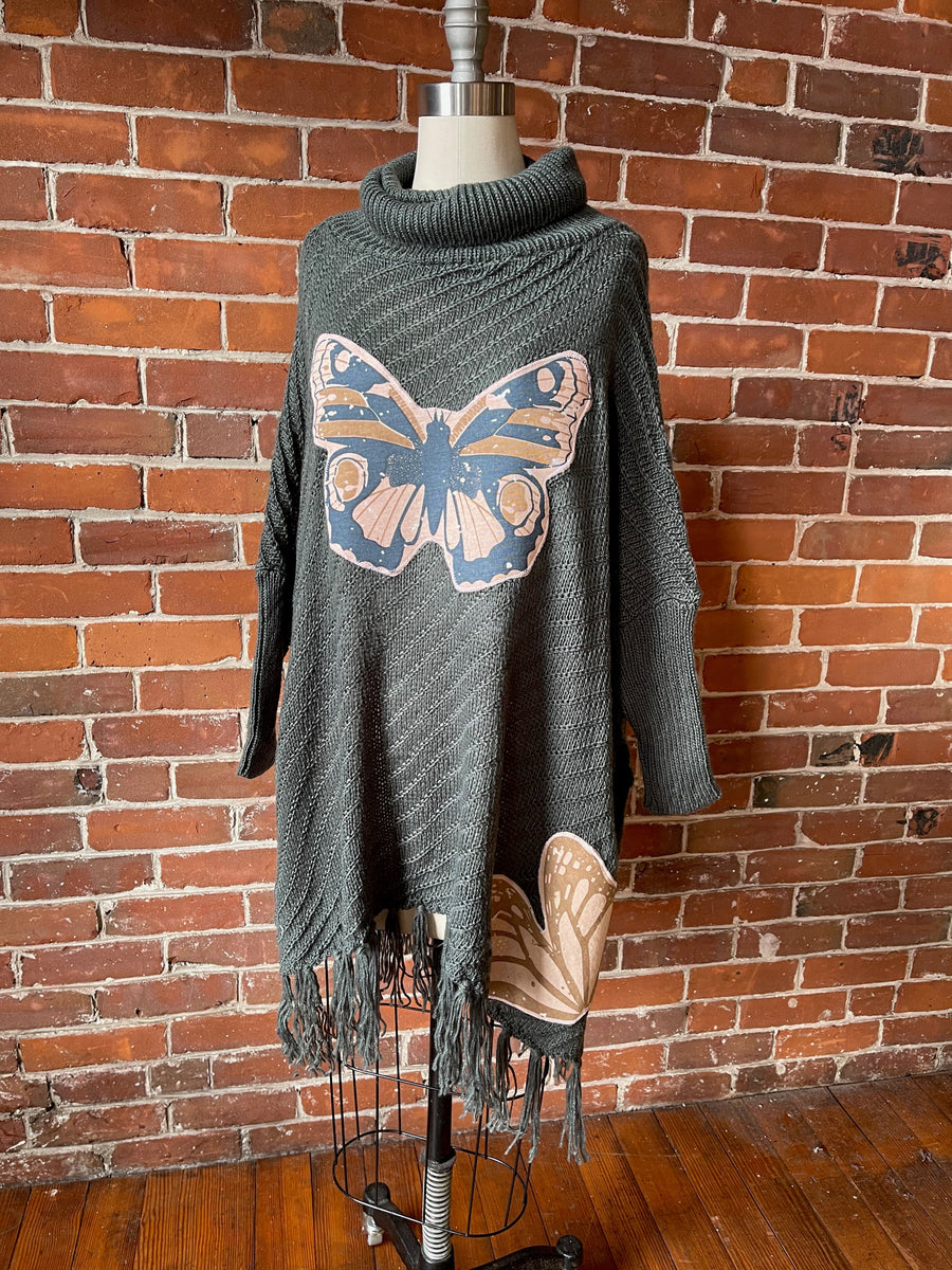 One Size Fits Most Olive Luna Butterfly Fringe Open Side Pullover Sweater