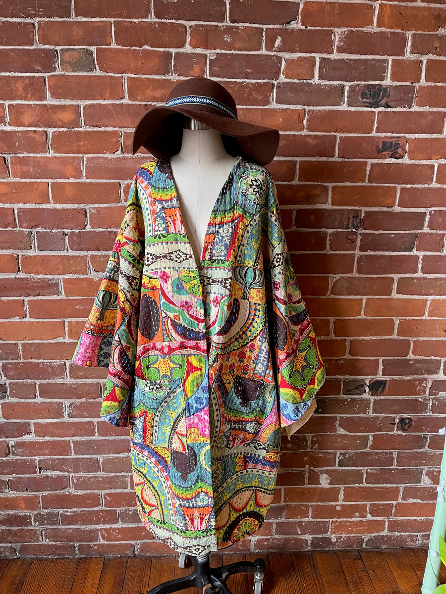 Size Small-Large. Custom Length Rainbow Dreamer Kantha Bell Sleeve Robe Kimono Made To Order