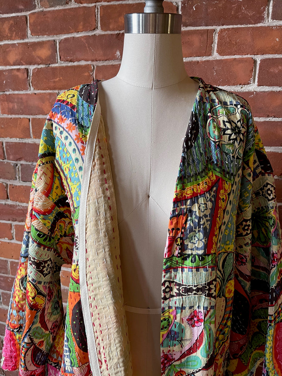 Size Small-Large. Custom Length Rainbow Dreamer Kantha Bell Sleeve Robe Kimono Made To Order