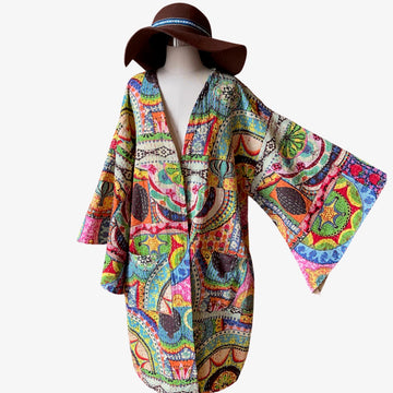 Size Large-2XL. Custom Length Rainbow Dreamer Kantha Bell Sleeve Robe Kimono Made To Order