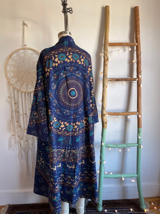 Blue + Green Mandala Long Tapestry Robe Kimono w/ Pockets + Belt - Fair Trade Made