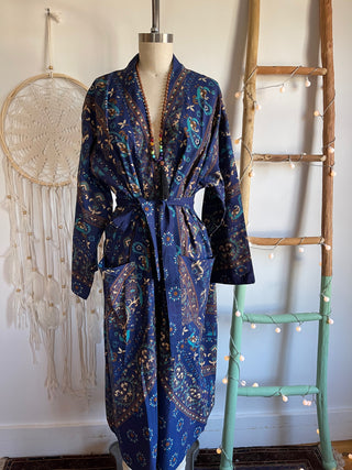 Blue + Green Mandala Long Tapestry Robe Kimono w/ Pockets + Belt - Fair Trade Made