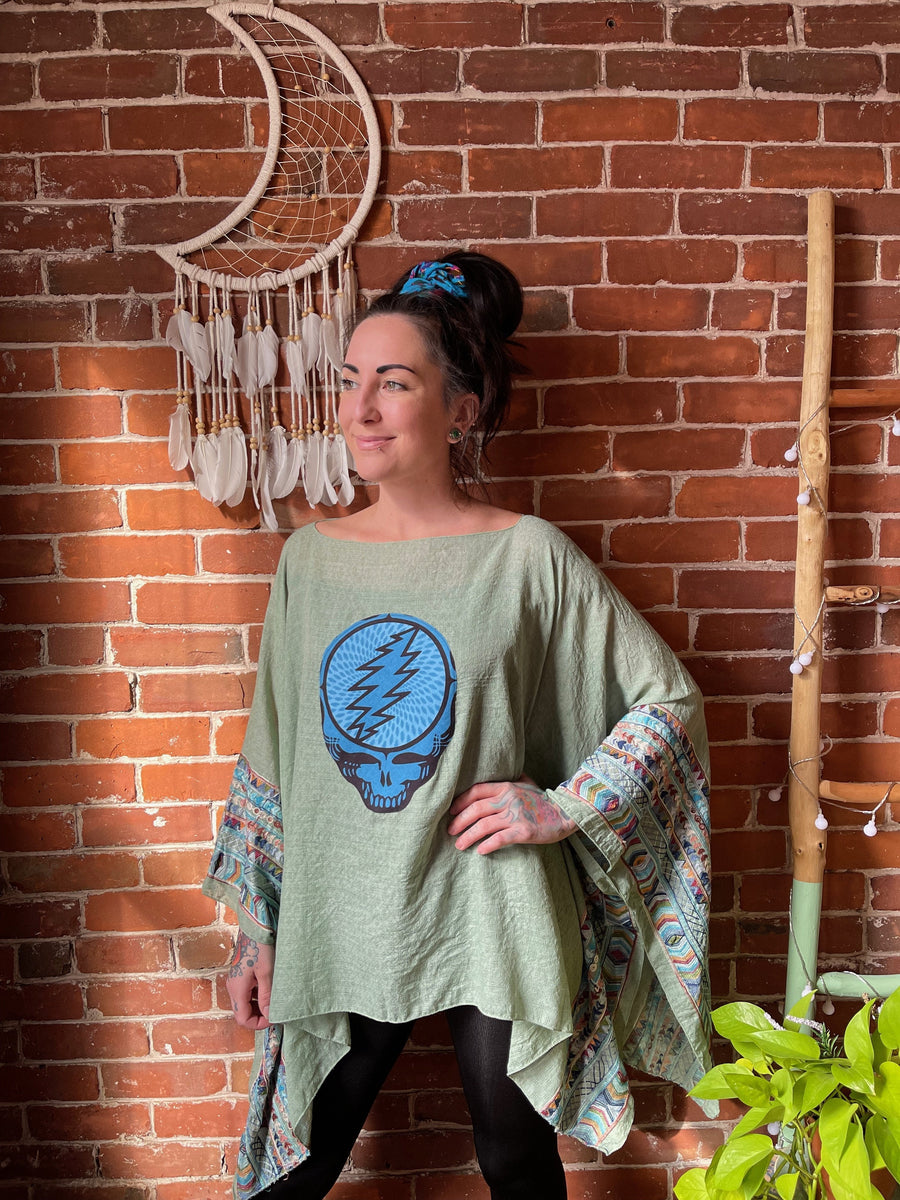 One Size Fits Most Grateful Dead Sage Embroidered Detail Poncho Top Item: 1130