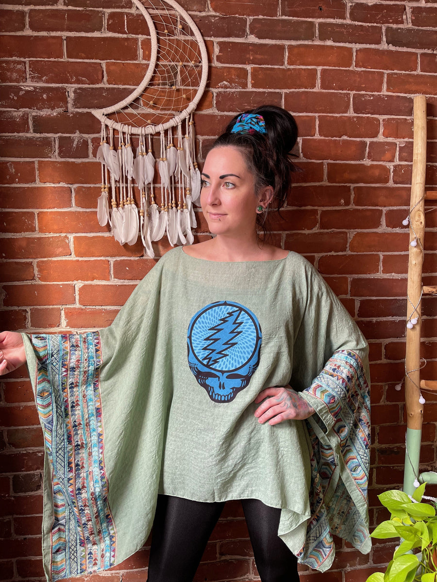 One Size Fits Most Grateful Dead Sage Embroidered Detail Poncho Top Item: 1130