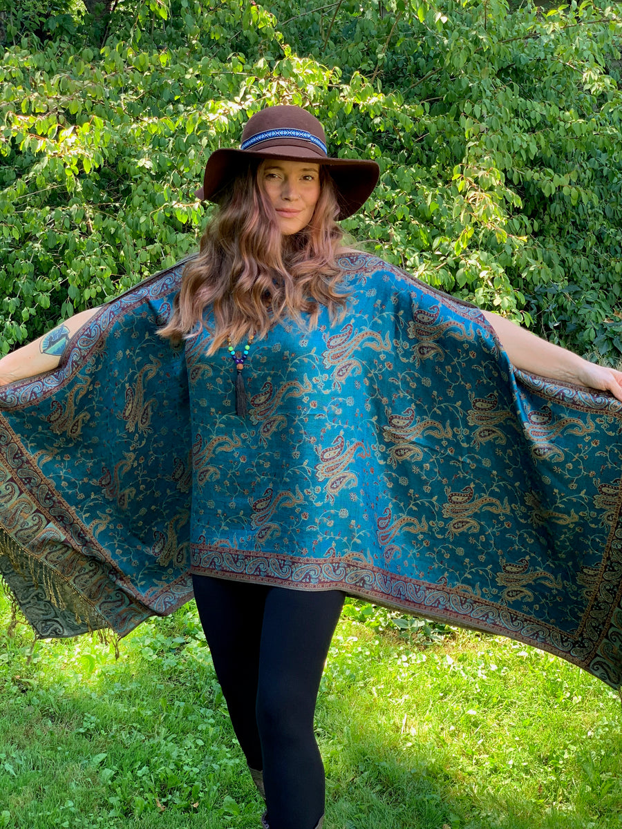 The Silver Springs Tunic Top Poncho -Teal/Pale Blue-One Size Fits All