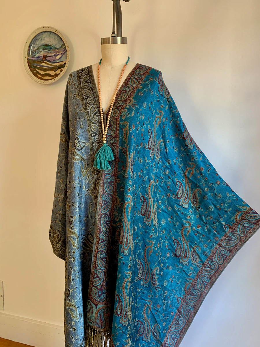 The Silver Springs Tunic Top Poncho -Teal/Pale Blue-One Size Fits All