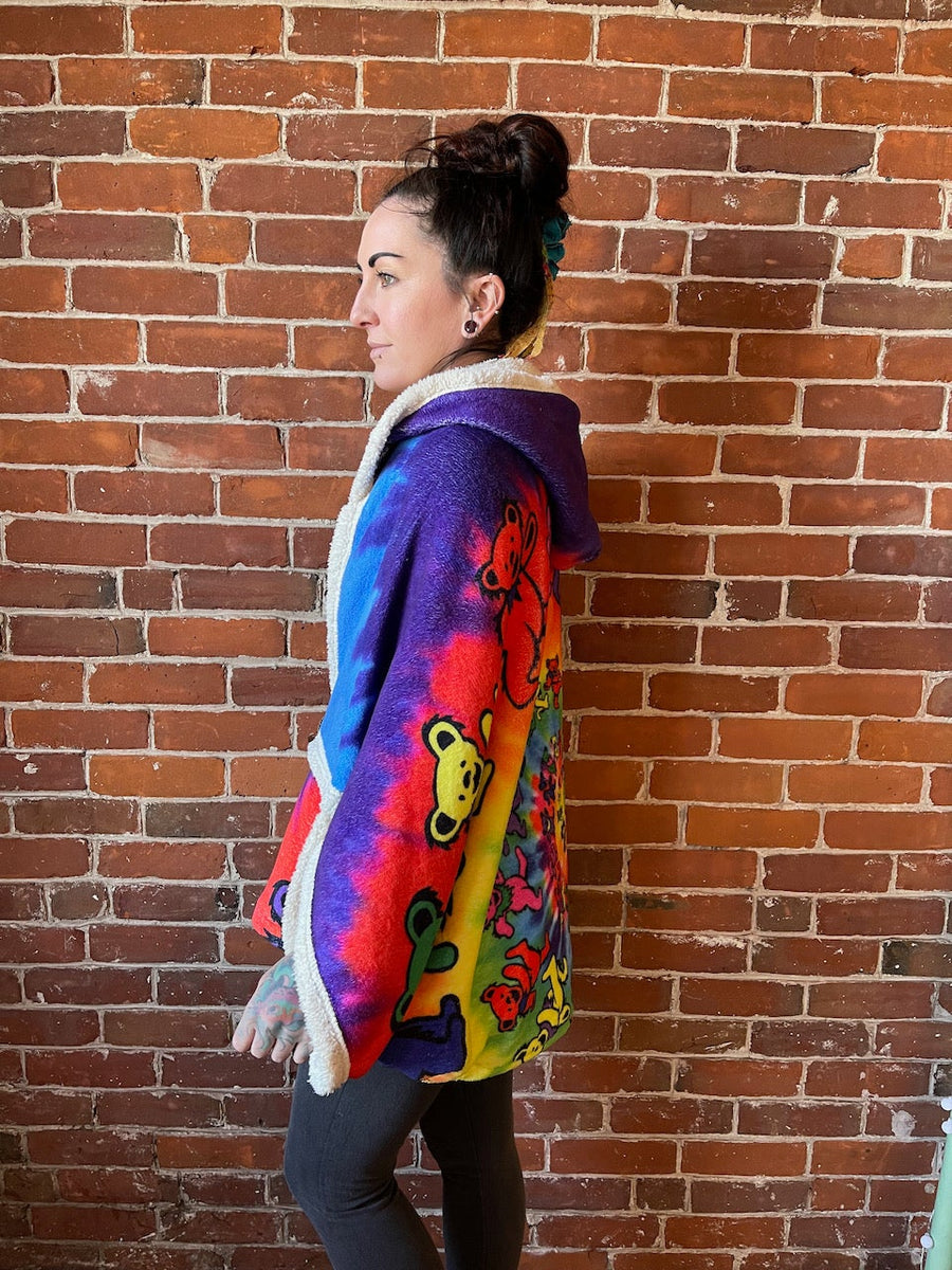 One Size Upcycled Grateful Dead Spiral Bears Tie Dye Soft Fleece Hooded Jacket Poncho with Toggle Buttons