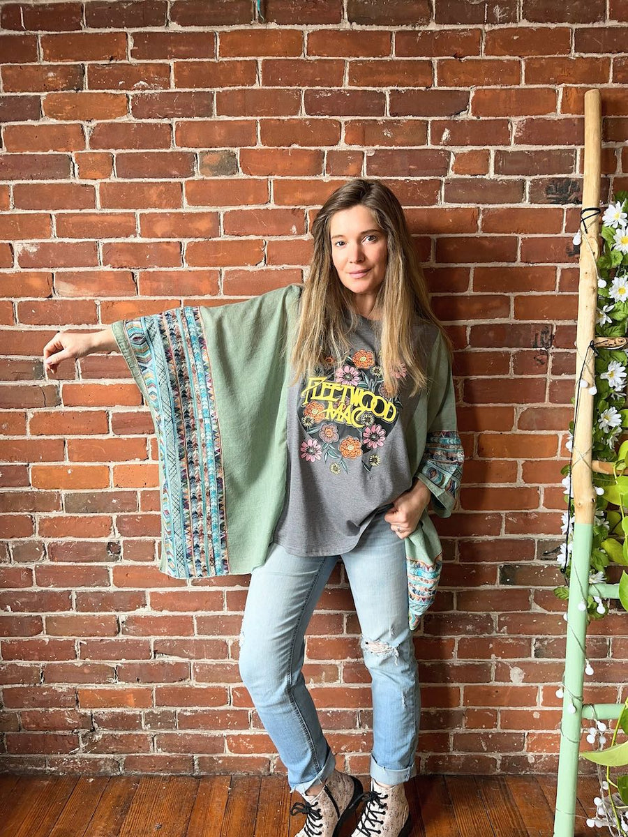 One Size Fits Most Fleetwood Mac Sage Embroidered Detail Poncho Top