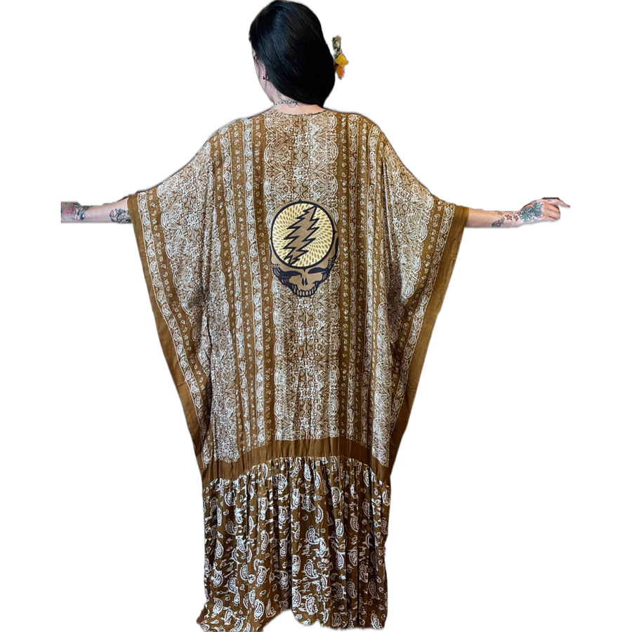 One Size Fits Most Long Flowy Brown Paisley Grateful Dead Tiered Robe Kimono