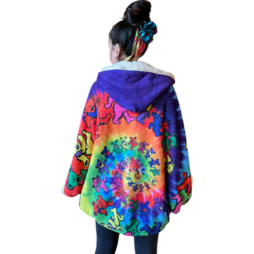 One Size Upcycled Grateful Dead Spiral Bears Tie Dye Soft Fleece Hooded Jacket Poncho with Toggle Buttons