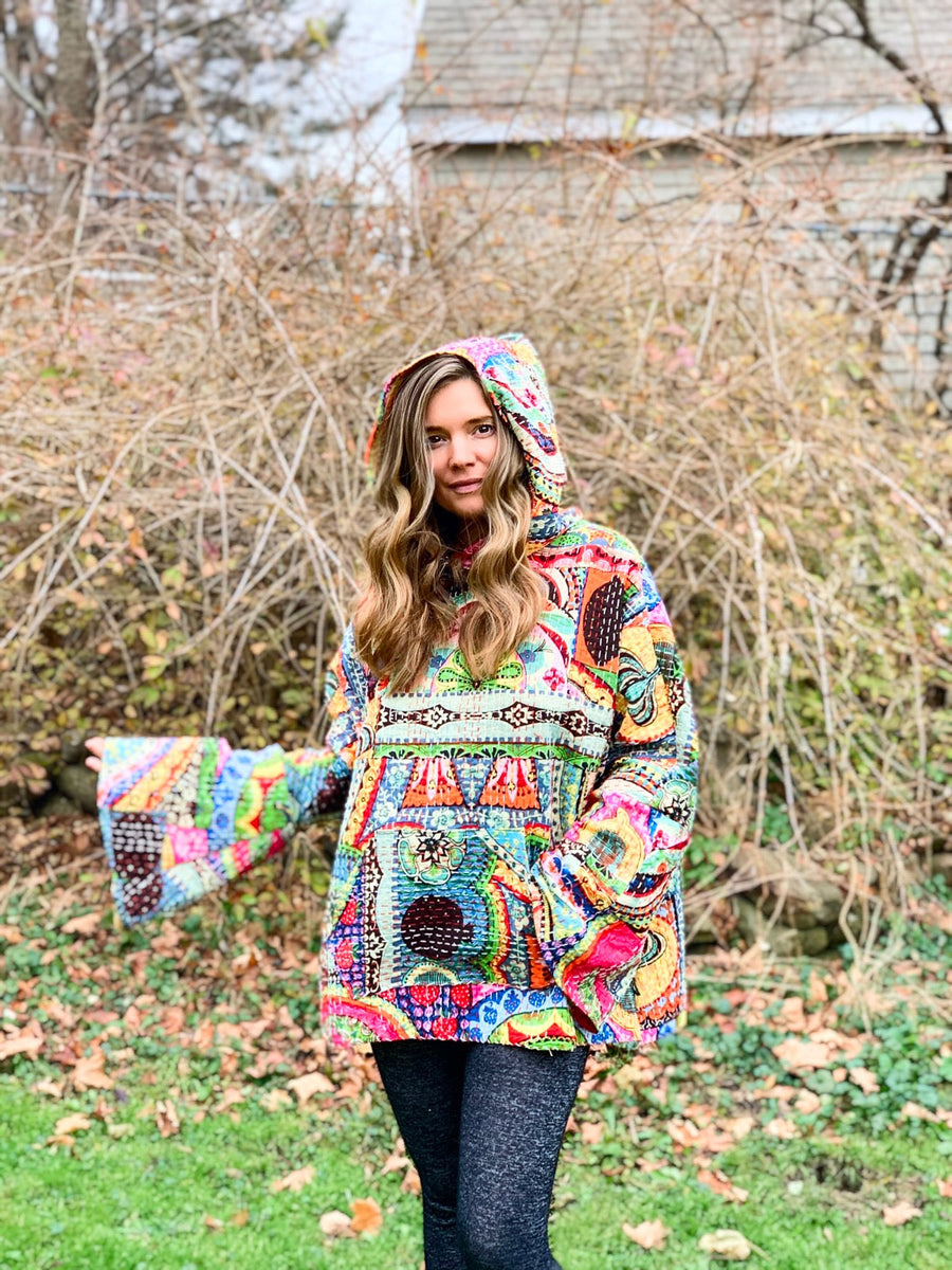 Size 1X-2X Rainbow Dreamer Kantha Fabric Pullover Hoodie Made To Order