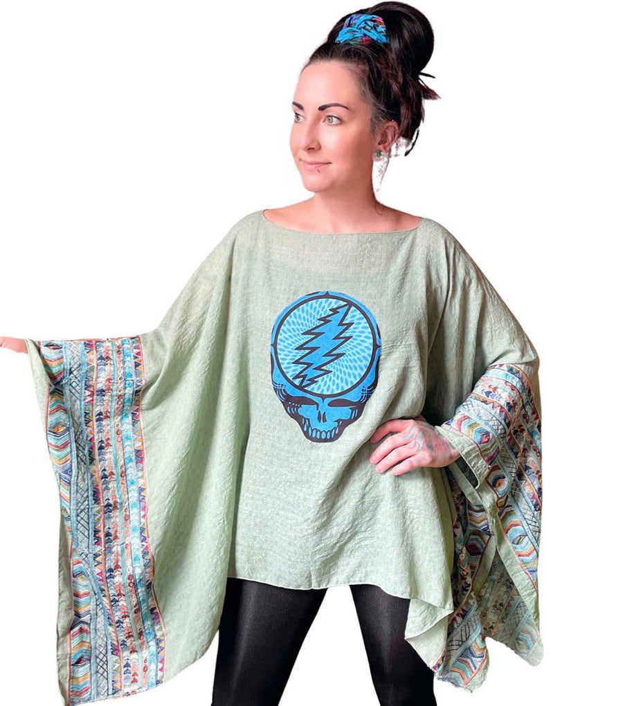 One Size Fits Most Grateful Dead Sage Embroidered Detail Poncho Top Item: 1130