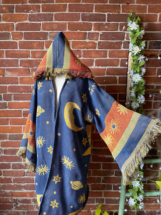 Size Large Sun + Moon Fringe Tapestry Hooded Kimono