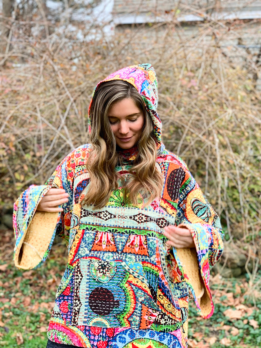 Size 1X-2X Rainbow Dreamer Kantha Fabric Pullover Hoodie Made To Order