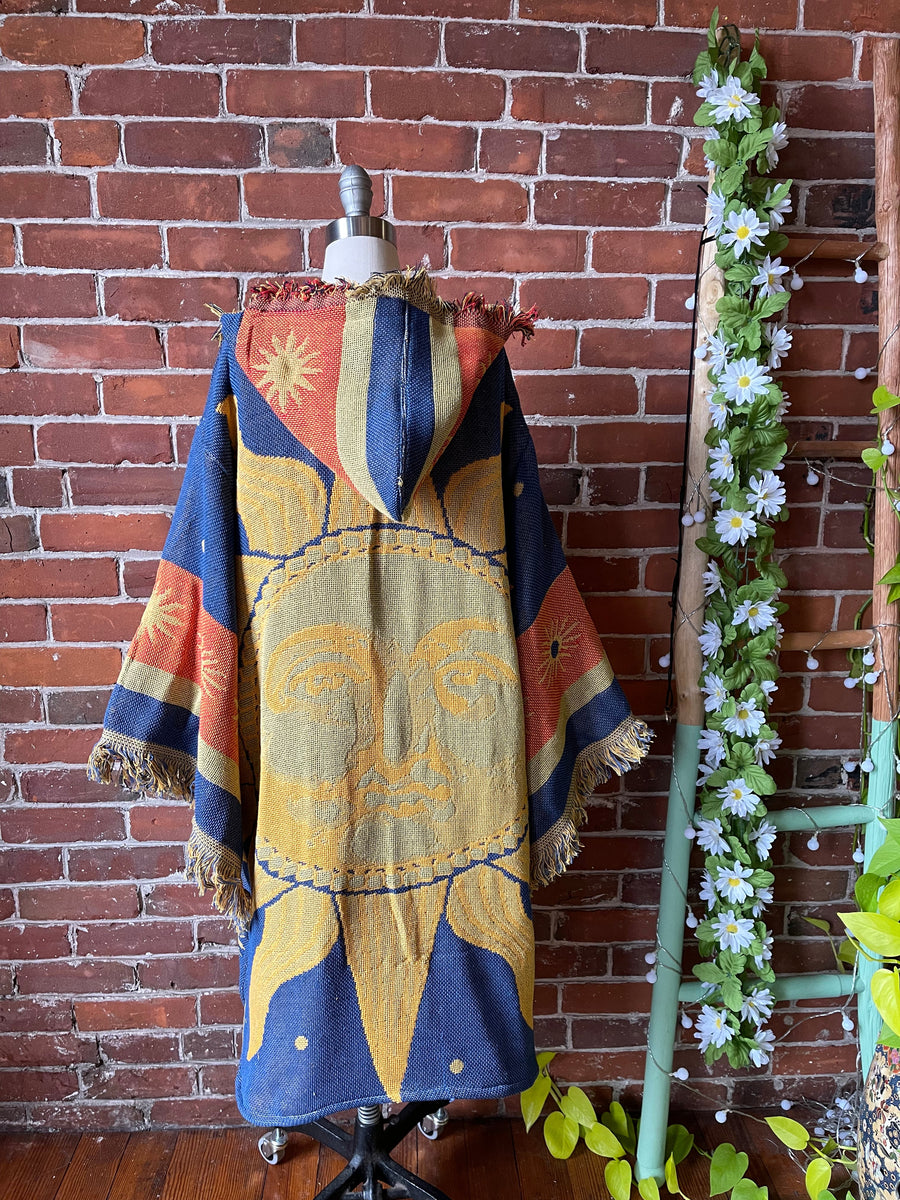 Size XL Sun + Moon Fringe Tapestry Bell Sleeve Hooded Kimono Robe Made To Order Item: 1254