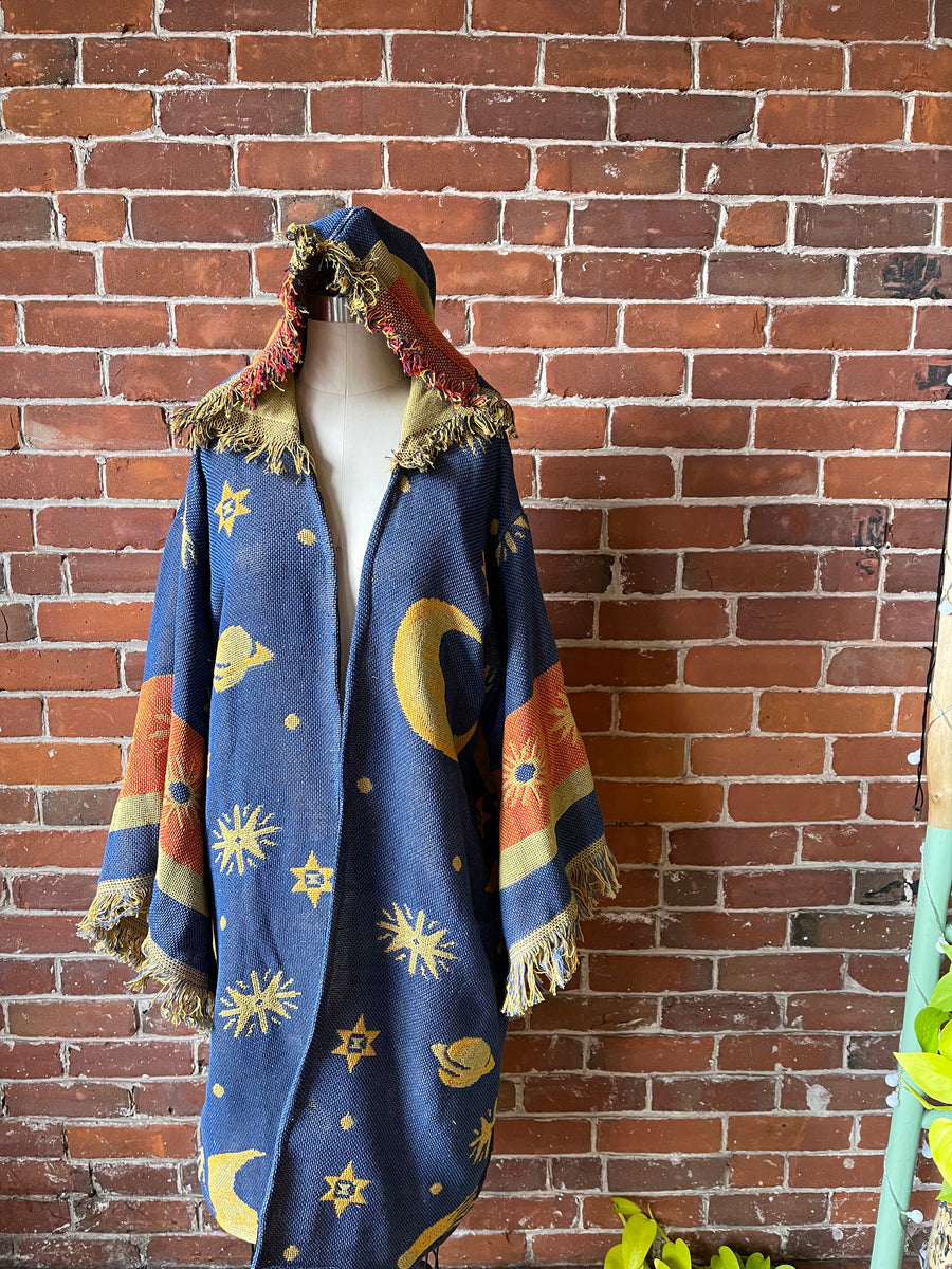 Size Large Sun + Moon Fringe Tapestry Bell Sleeve Hooded Kimono Robe Made To Order Item: 1252