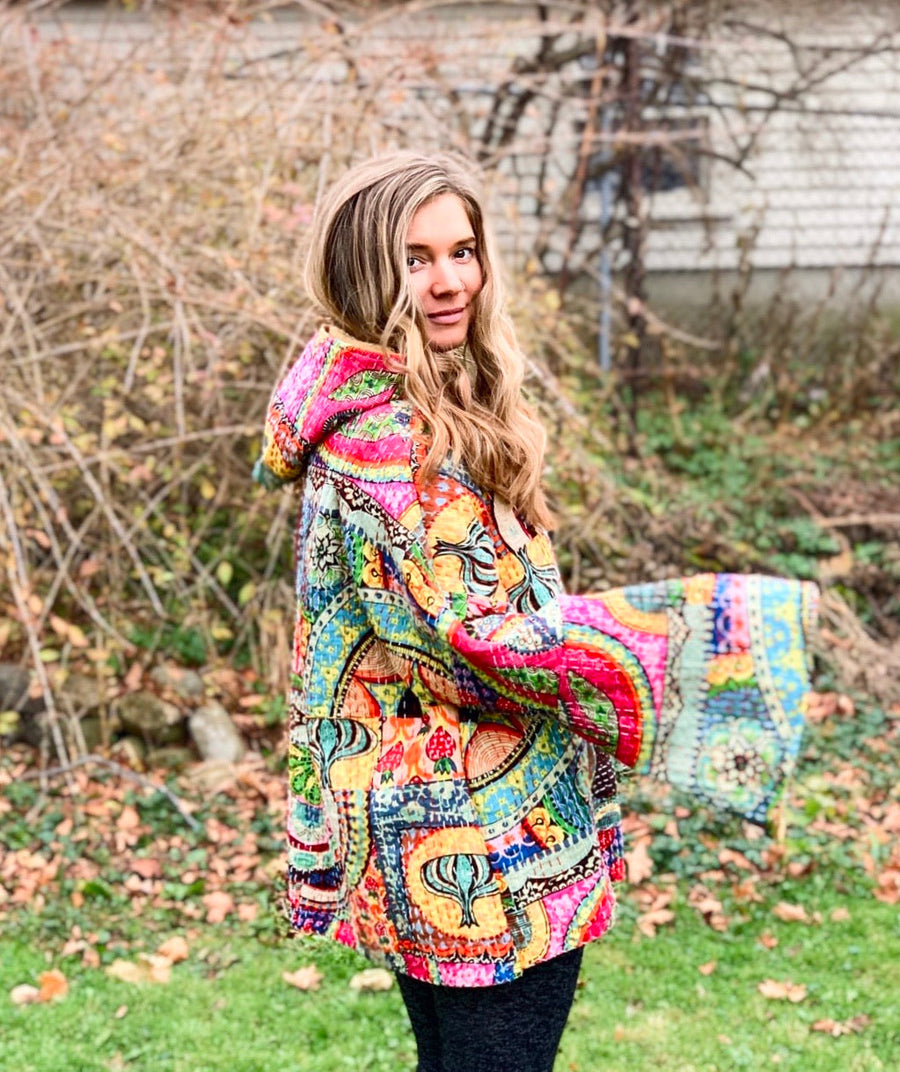 Size 1X-2X Rainbow Dreamer Kantha Fabric Pullover Hoodie Made To Order