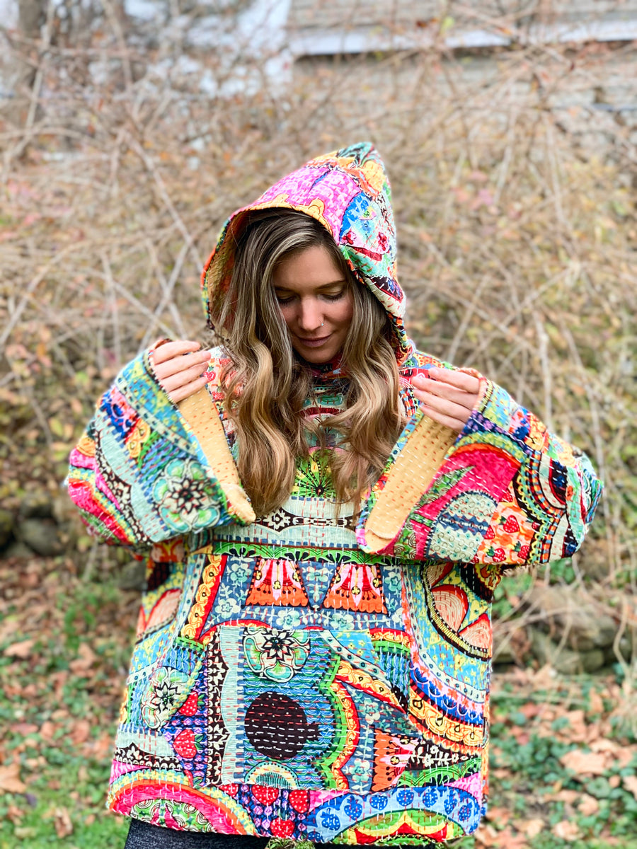Size 1X-2X Rainbow Dreamer Kantha Fabric Pullover Hoodie Made To Order