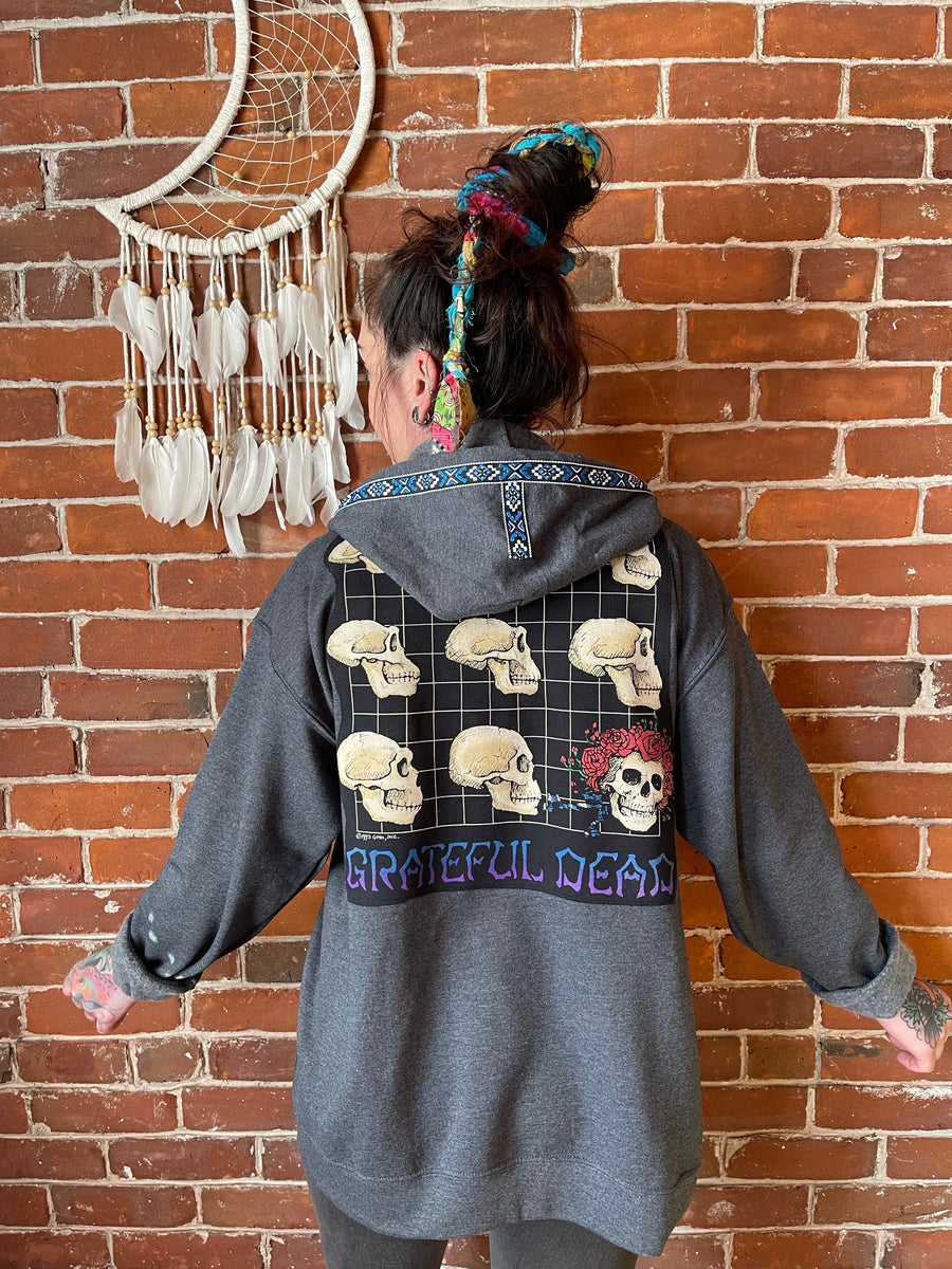 Order In Your Size Mens/Womens Charcoal Gray Grateful Dead Bertha Evolution Made To Order Hoodie Sweatshirt with Random Trim