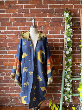 Size Large Sun + Moon Fringe Tapestry Hooded Kimono