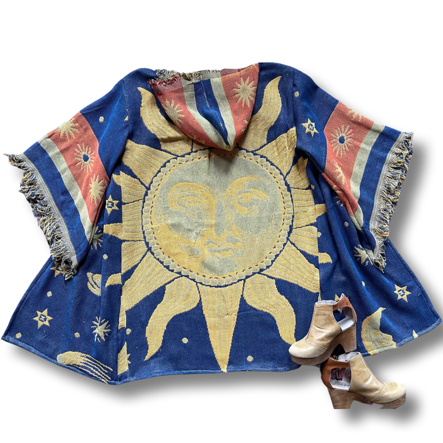 Size XL Sun + Moon Fringe Tapestry Bell Sleeve Hooded Kimono Robe Made To Order Item: 1254