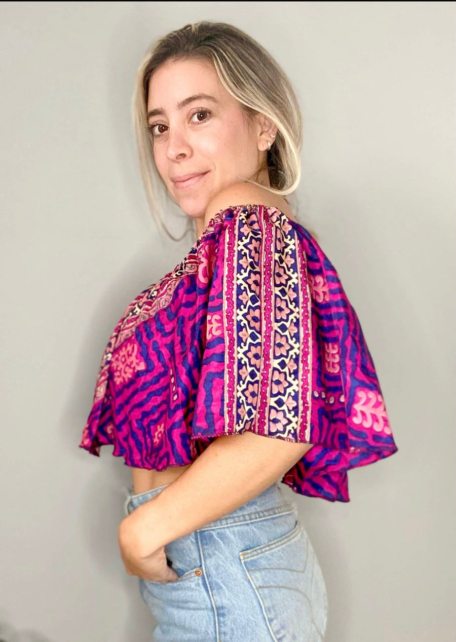 One Size fits up to Large. Upcycled Recycled Sari Crop Top Item: 1037