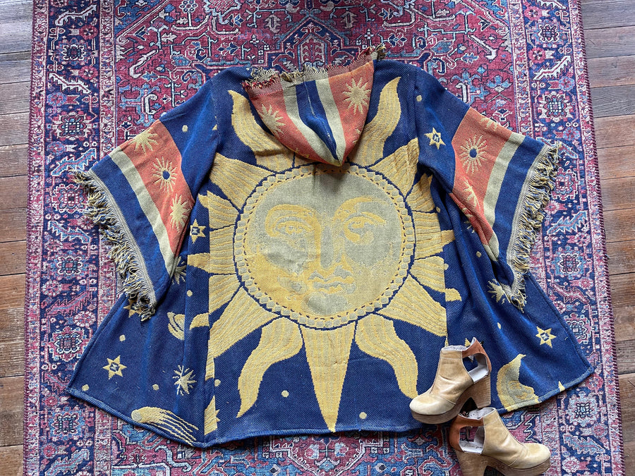 Size XL Sun + Moon Fringe Tapestry Bell Sleeve Hooded Kimono Robe Made To Order Item: 1254