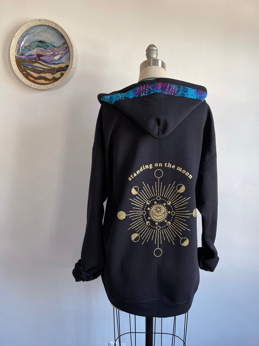 Multiple Sizes Available Standing on the Moon Made To Order Hoodie Black Sweashirt with Kantha Tie Dye Trim and Details