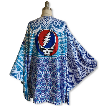 One Size Fits up to 2XL Upccyled Grateful Dead Steal Your Face Blue Mandala Tapestry Robe Kimono Made To Order